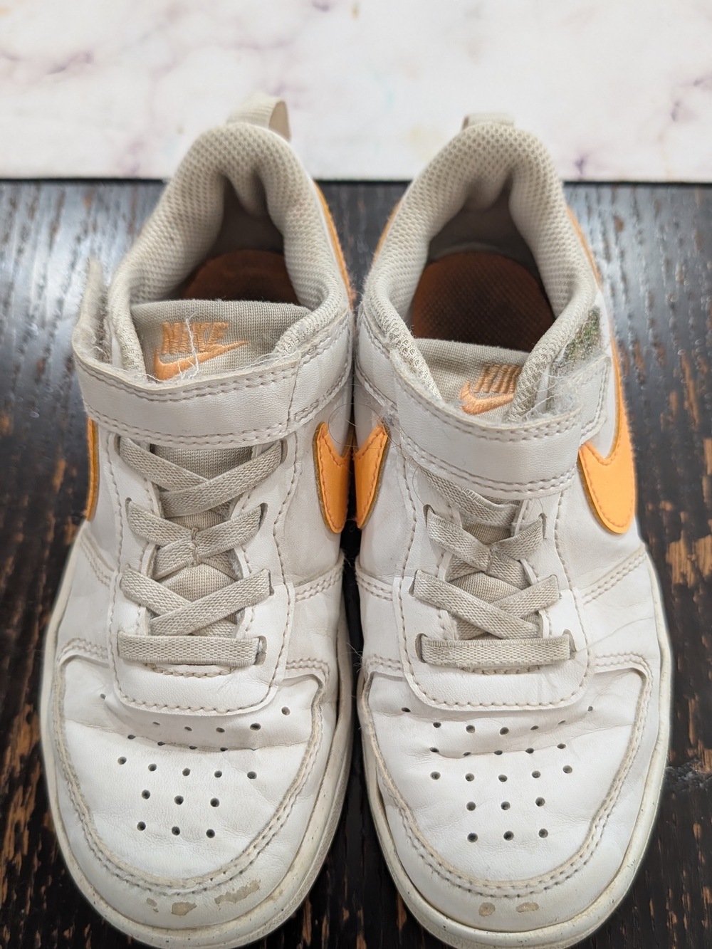 Nike Kids White and Orange Hook-and-Loop Sneakers
